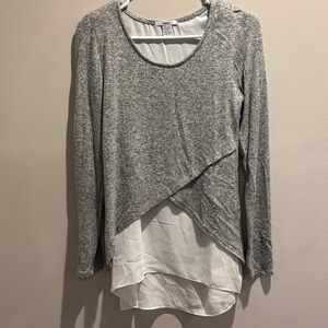 Bar III Gray and White Asymmetrical Long Sleeve Top